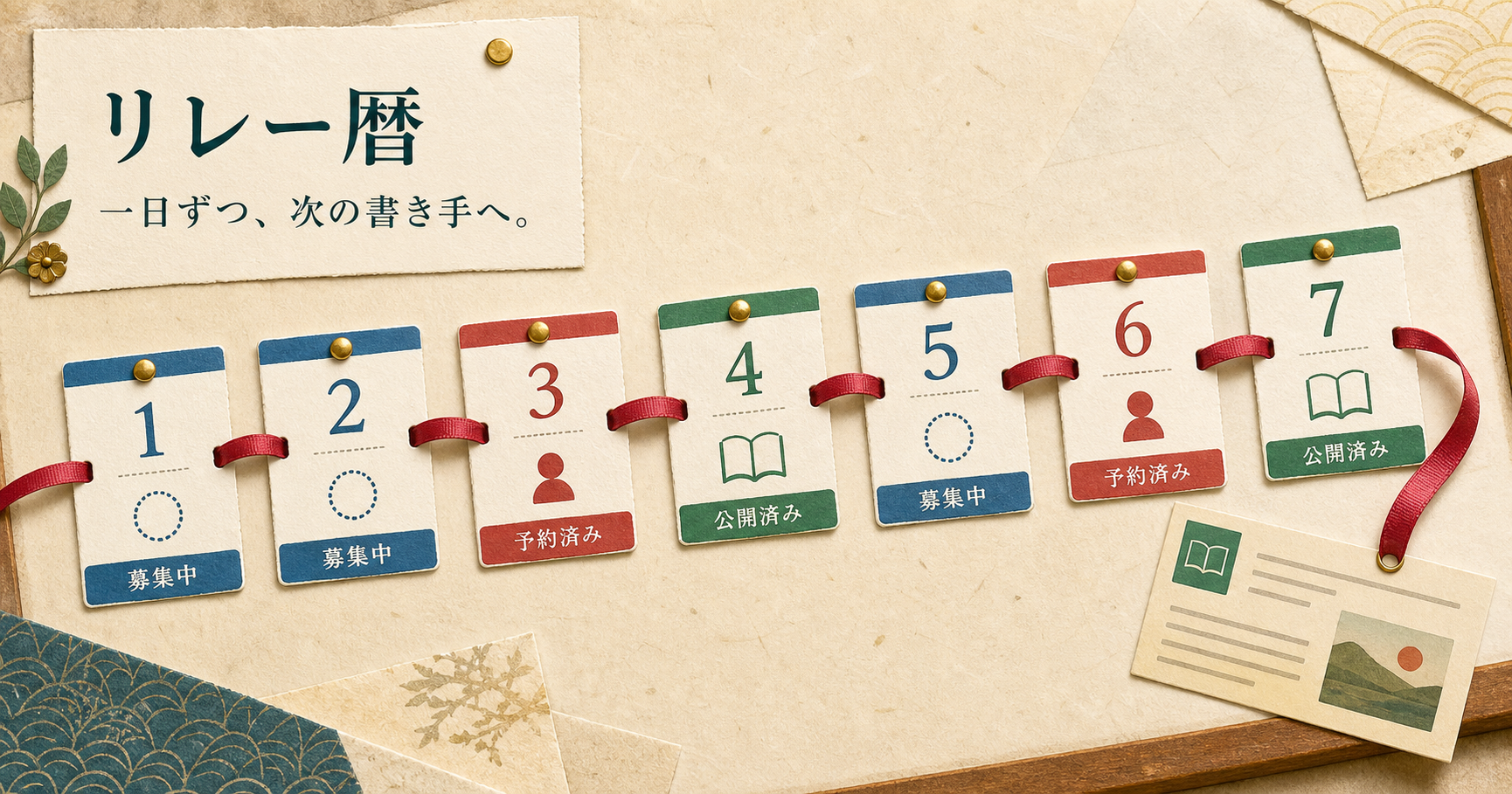 和紙の日付札を木苺色のリボンが順につなぎ、空き、予約、公開の記事リレーを示すリレー暦